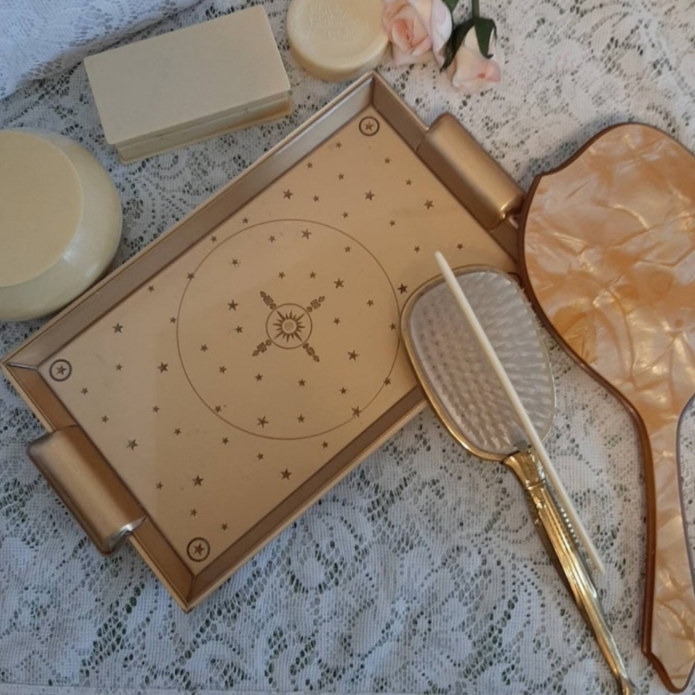 Vintage  Durable Plastic Elegant Gold Vanity Tray Cardinal Directions Gift